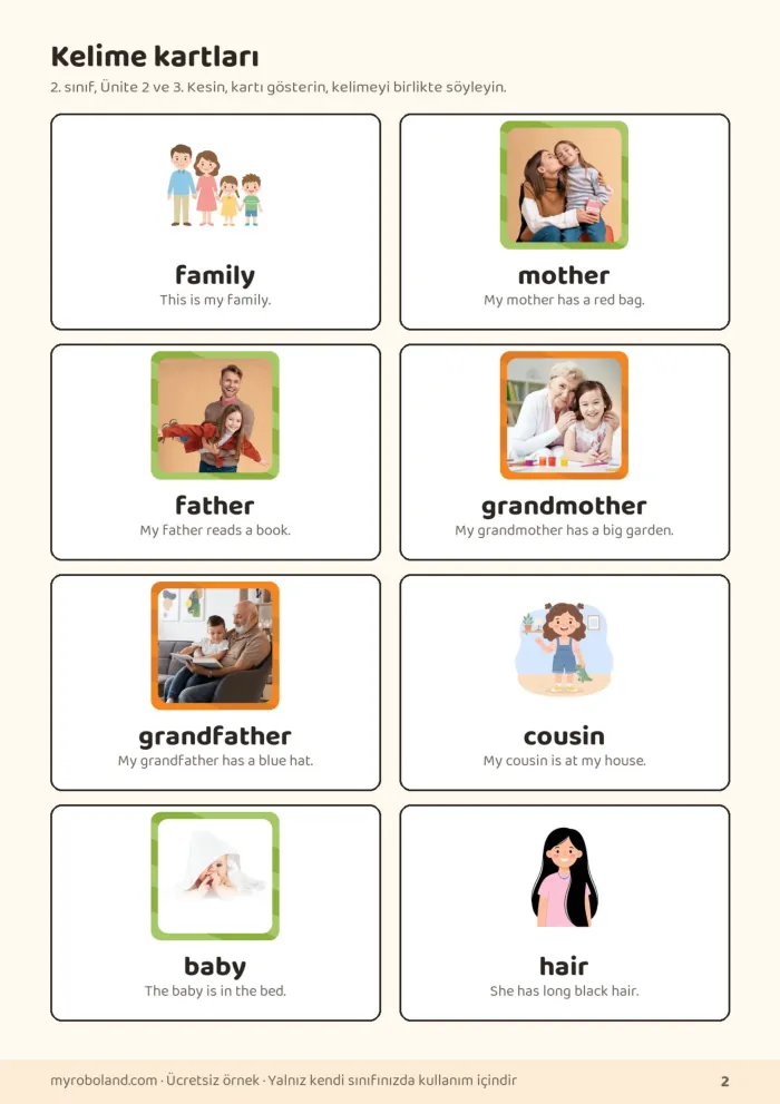 Roboland 2. sınıf İngilizce kelime kartları paketinden bir sayfa: family, mother, father, grandmother kartları