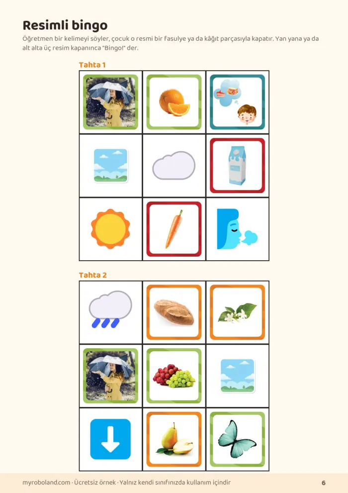 Roboland ilkokul kelime kartları paketinden resimli bingo sayfası: iki tahtada dokuzar resim
