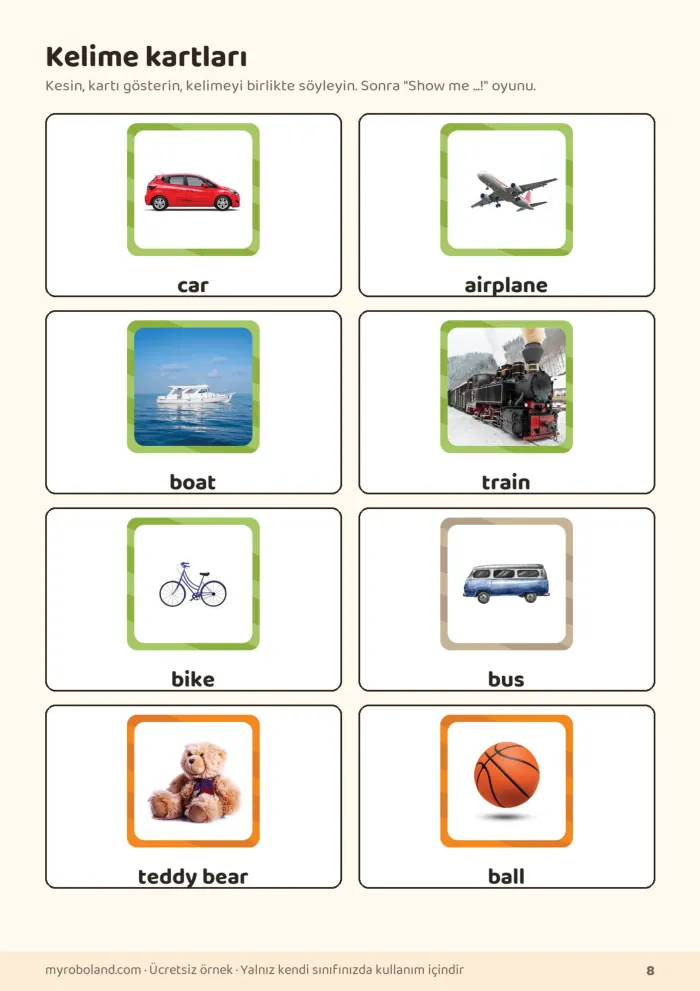 Roboland Taşıtlar ve oyuncaklar paketinden kelime kartları: araba, uçak, tekne, tren, bisiklet, otobüs, ayı, top