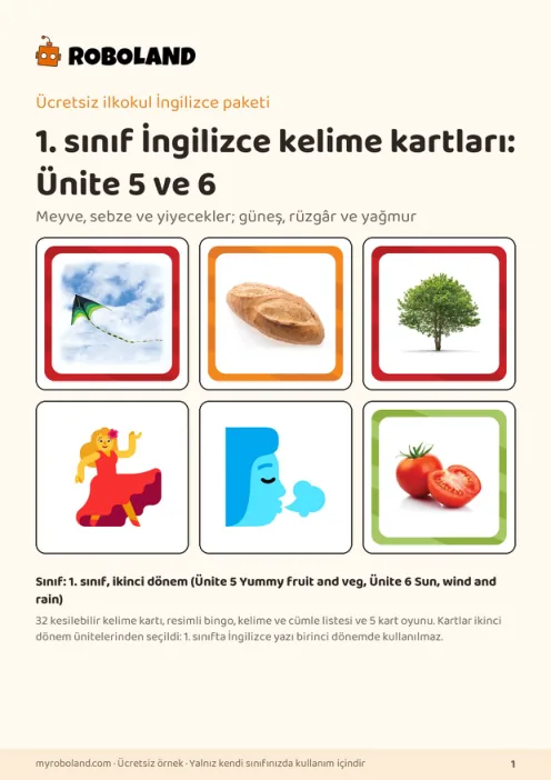 Roboland ücretsiz etkinlik paketi kapağı: 1. sınıf kelime kartları