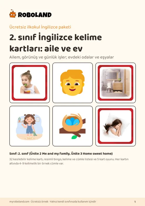 Roboland ücretsiz etkinlik paketi kapağı: 2. sınıf kelime kartları