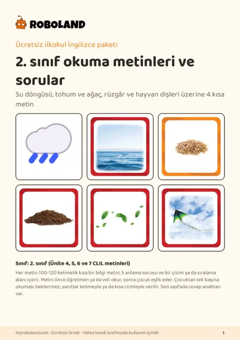 Roboland ücretsiz etkinlik paketi kapağı: 2. sınıf okuma metinleri ve sorular