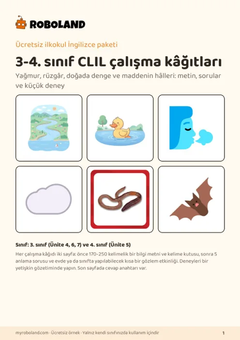 Roboland ücretsiz etkinlik paketi kapağı: 3-4. sınıf CLIL çalışma kâğıtları